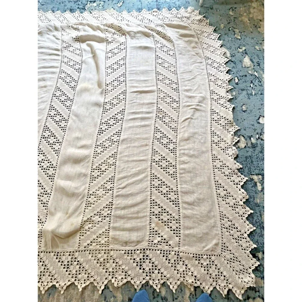 Vintage Queen Bedspread Crochet Handmade USA‎ Ecru Blanket Cottage Country 1930s